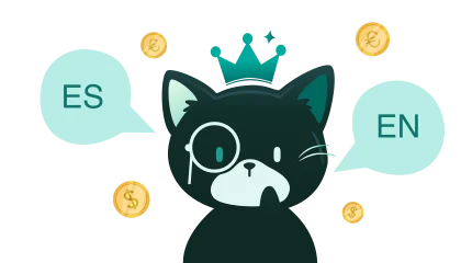 El gato con dos globos de diálogo y monedas de distintos países.