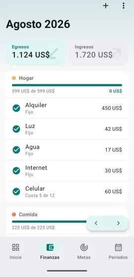 Pantalla de Finanzas de Duecat en Android.