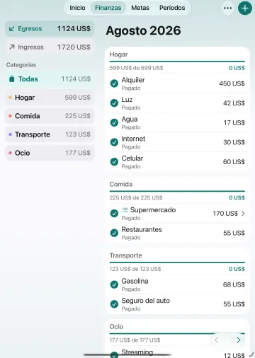 Pantalla de Finanzas de Duecat en iPad.