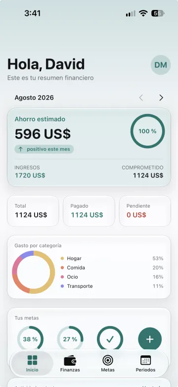 Resumen de inicio con ahorro estimado y gasto por categoría