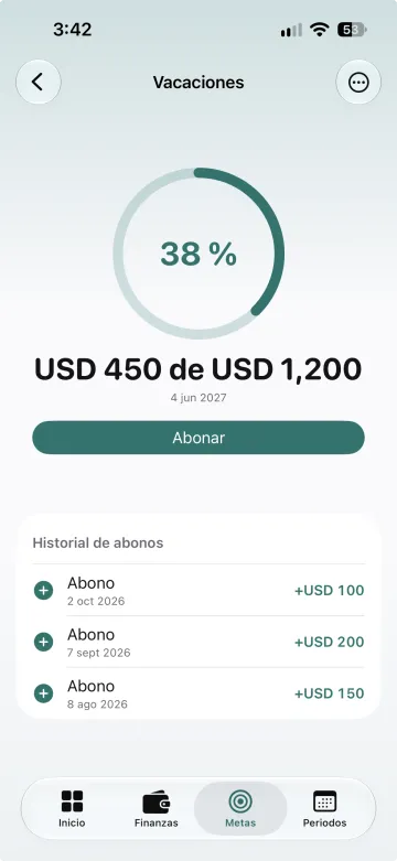 Detalle de una meta con su historial de abonos