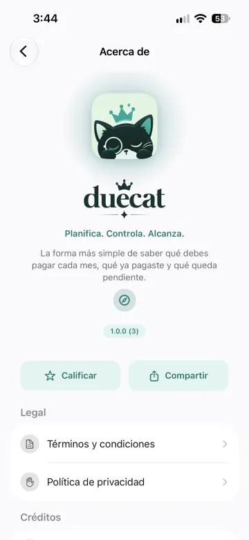 Pantalla Acerca de Duecat