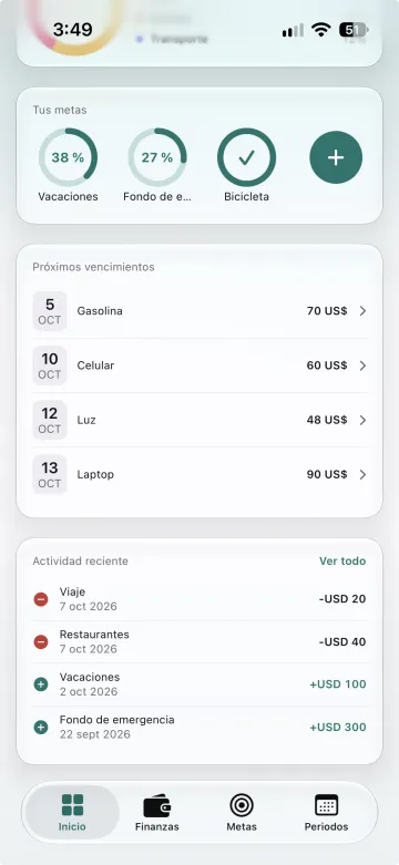 Inicio con metas, próximos vencimientos y actividad reciente